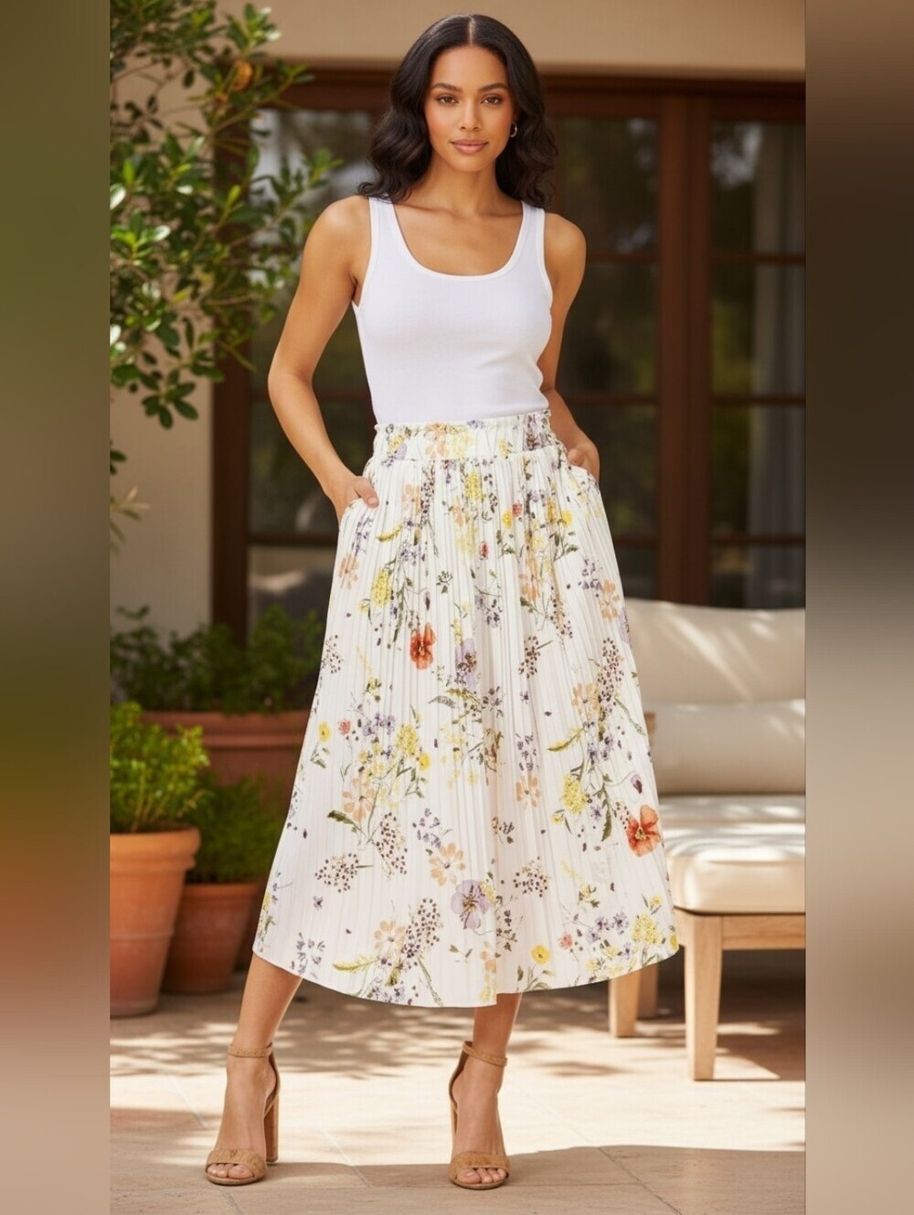 "Simlu White Floral Maxi Skirt Pockets Elastic Waist Cottagecore Plus 3X Large"
